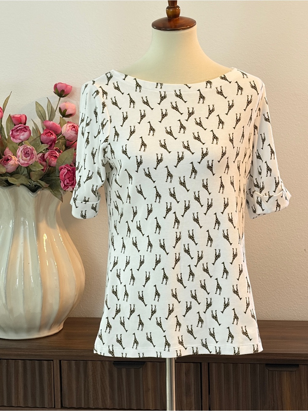 Karen Scott White Boatneck Short-Sleeve Top with Giraffe Print
